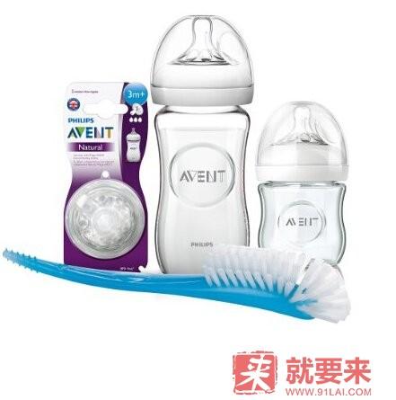 飞利浦AVENT新安怡宽口径自然系列玻璃奶瓶4件套（240ml 120ml 奶嘴*2 奶瓶刷）