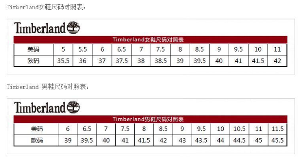 timberland鞋码图片